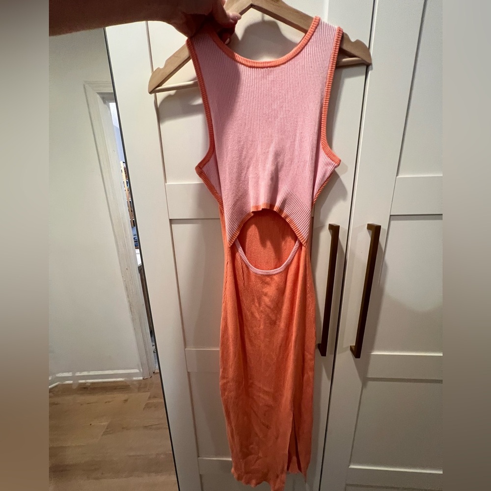 Bodycon Two-Tone block Pink & Orange Cutout Midi Dress